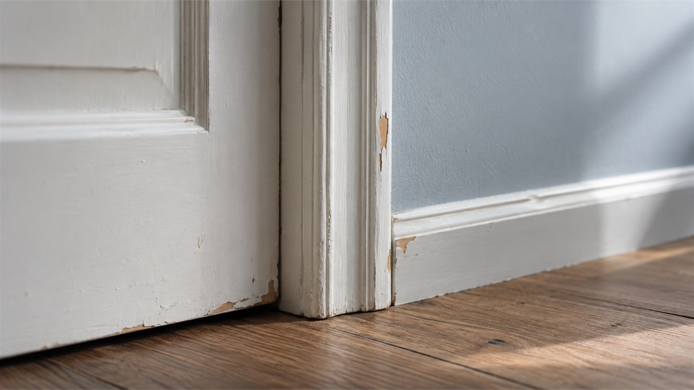 Peinture écaillée sur une porte et une plinthe à côté d’un mur propre