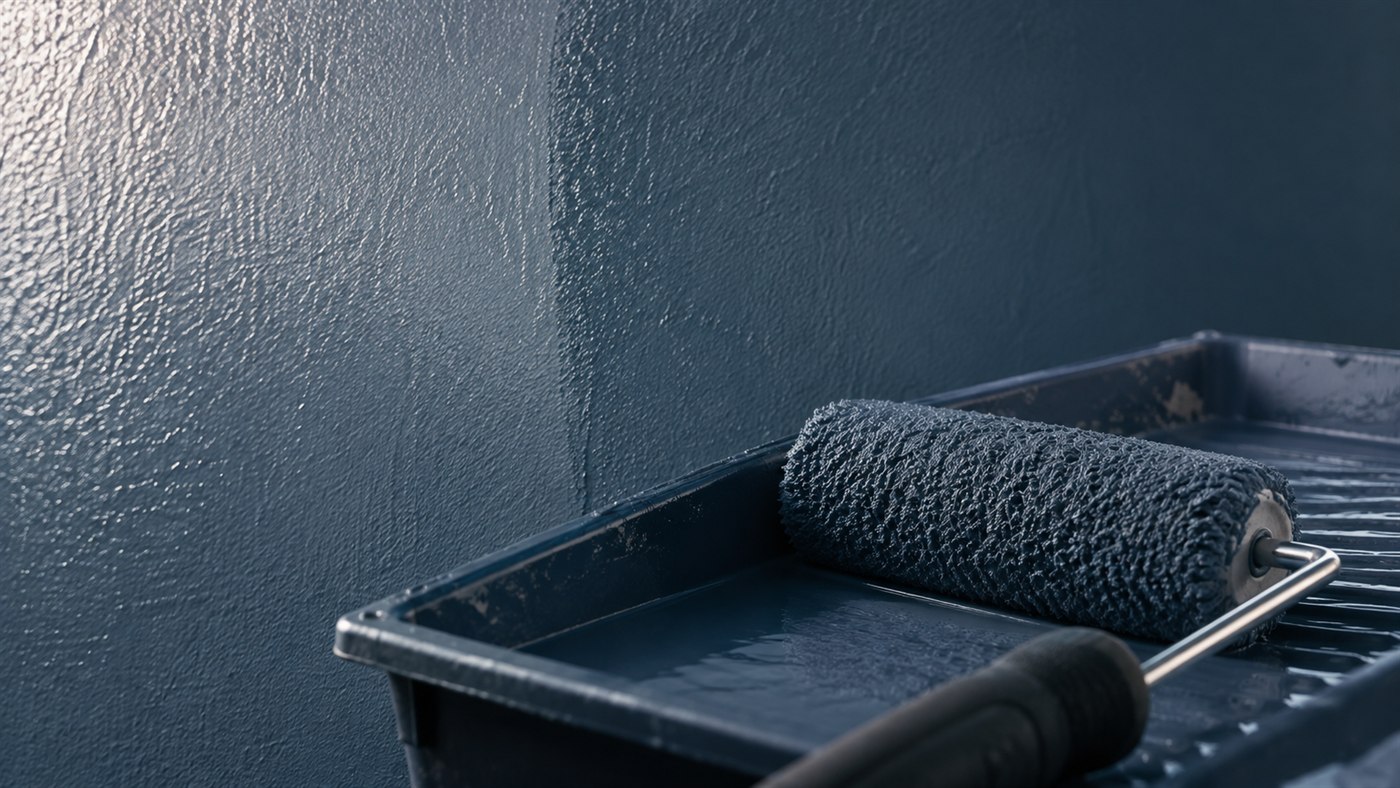 Rouleau posé dans un bac devant une couche de peinture bleu-gris en séchage