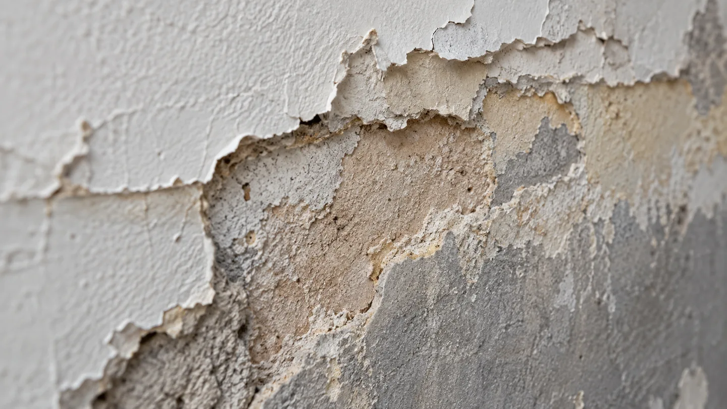 Couches d’un mur révélées après grattage des parties abîmées par l’humidité