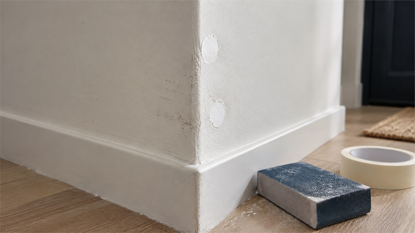 Angle de mur d’entrée marqué avec rebouchages, cale à poncer et ruban de masquage
