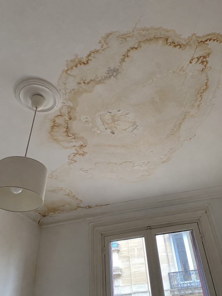 Avant : plafond auréolé après un dégât des eaux, peinture cloquée et fissurée