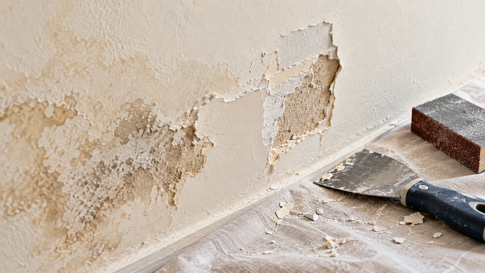 Couches de peinture et d’enduit dégradées avec spatule et cale à poncer posées devant le support