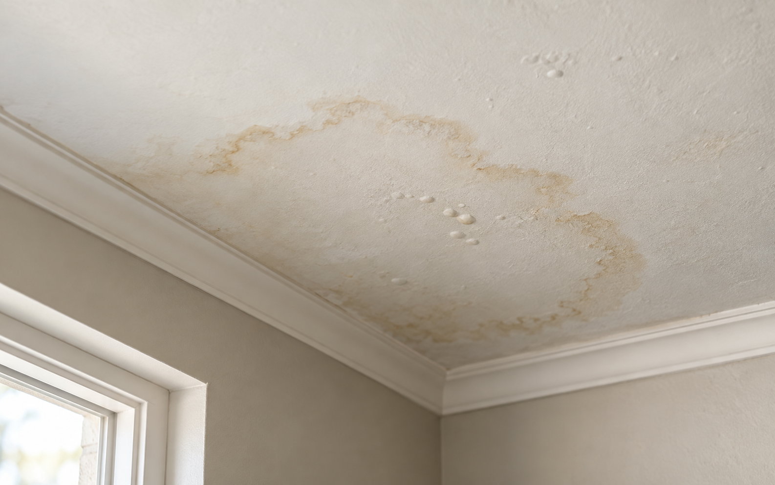 Auréole et peinture légèrement cloquée sur un plafond après un dégât des eaux