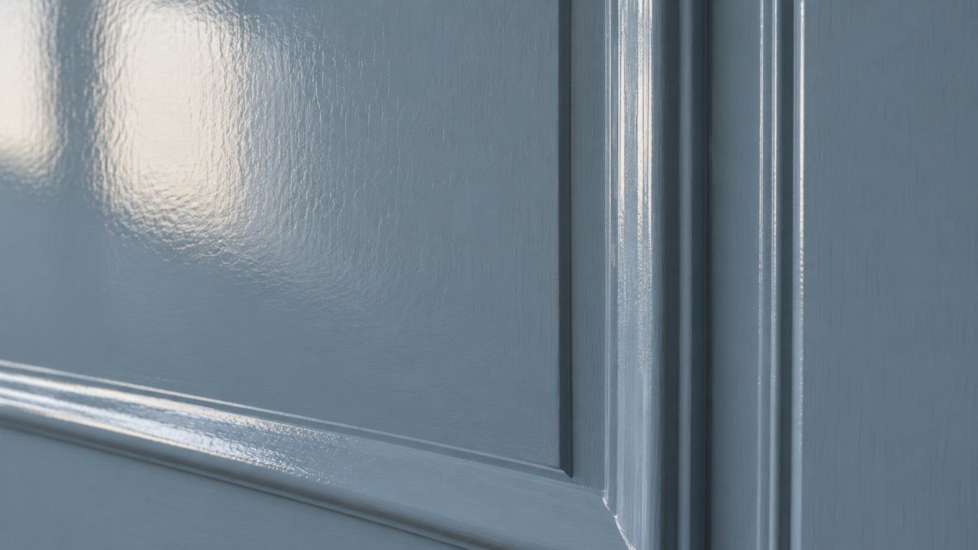 Détail de boiserie bleu-gris laquée avec un reflet lumineux net