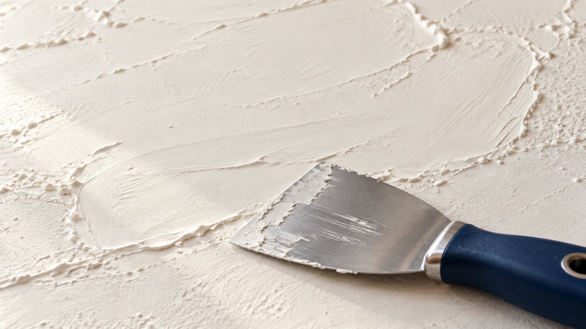 Couteau à enduire posé sur une passe d’enduit de lissage en cours de préparation